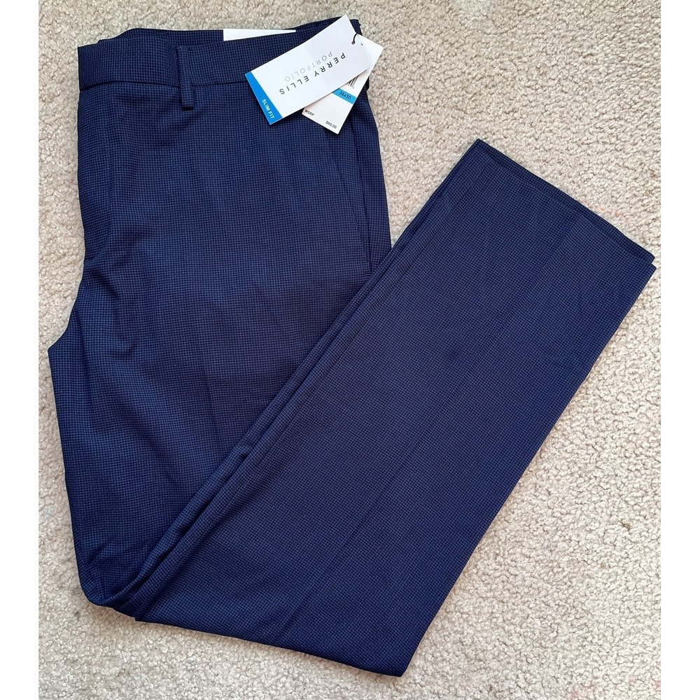 Perry Ellis Portfolio Pants Men 36 X 30 Slim Fit Dress Pants Easy Care Navy NWT